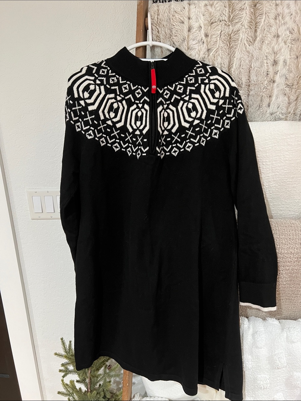 Talbots Black and White Nordic Zip-Yoke Women's Sweater Dress XL